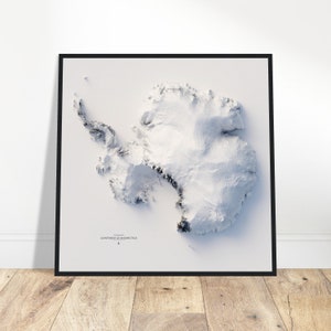 Carte d'altitude de l'Antarctique - impression d'art en relief ombragé, décoration murale unique pour la maison ou le bureau, cadeau pour les amateurs de géographie