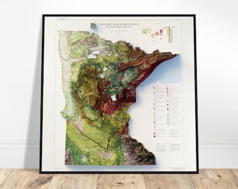 Minnesota Geology Map – Topographic Relief Map Art, Vintage Cartography Print, Geology Gift