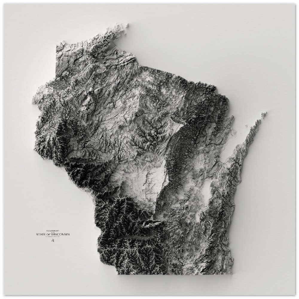 Wisconsin Elevation Map Wall Art Print Topographic Map Etsy