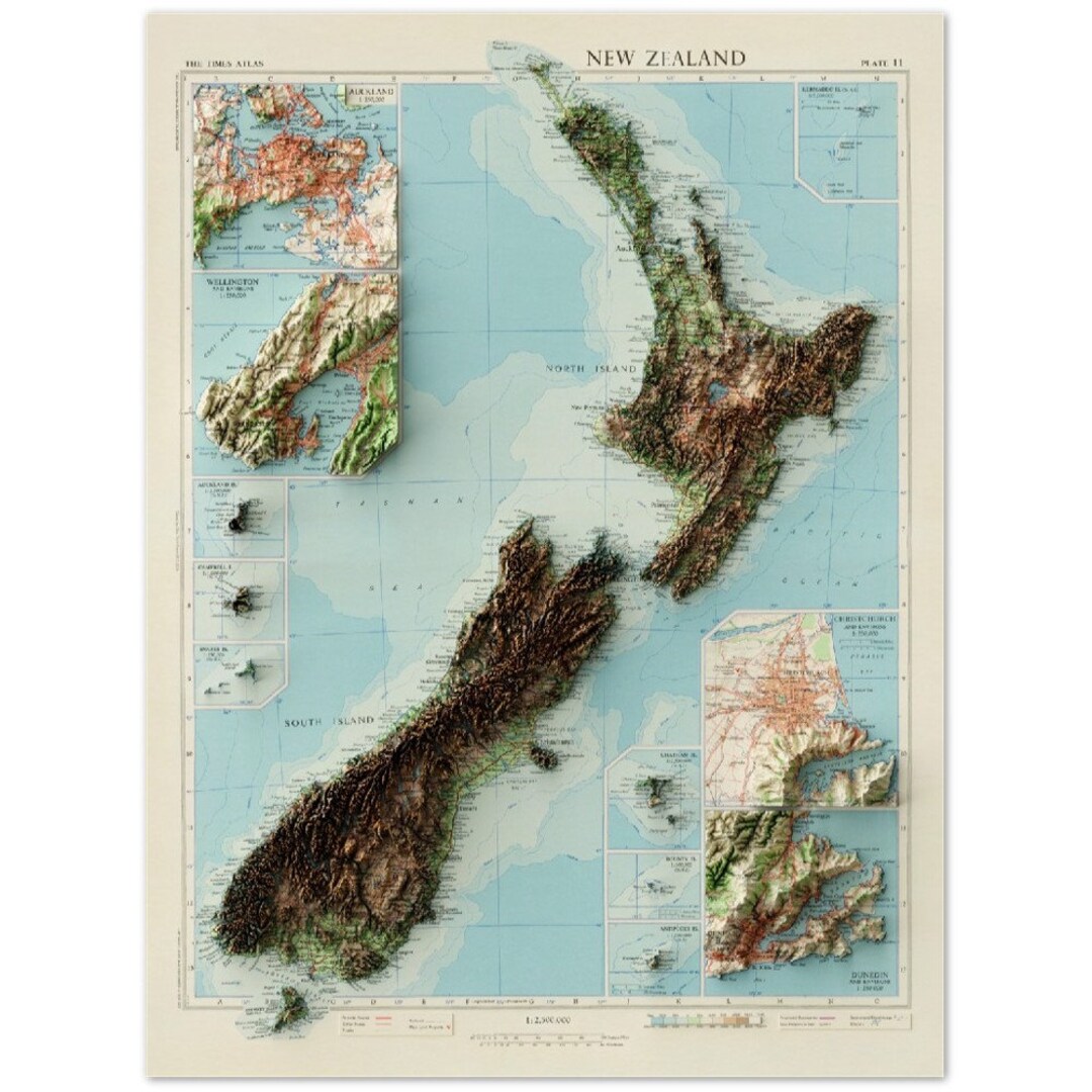 New Zealand Map Wall Art Print Topographic Map of New Etsy