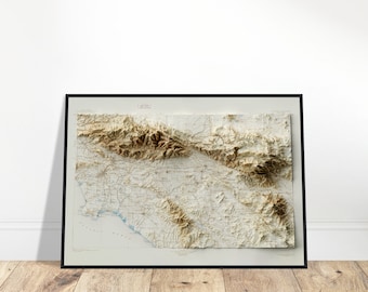 Mapa en relieve del sur de California: decoración vintage, detalles topográficos, arte mural, topografía, monumentos, historia