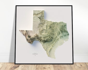 Elevation Map of Texas - Minimalist Topographic Wall Art, Modern Cartography Print, Shaded Relief Poster