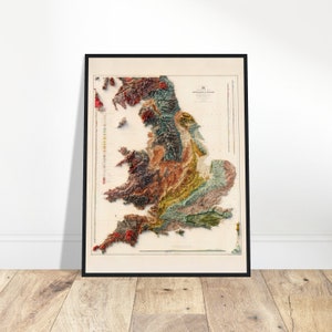 Carte géologique de l'Angleterre et des baleines, impression d'art mural, topographie, cadeau géologie, décoration vintage pour maison/bureau, impression en relief d'affiche