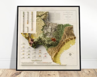 Texas Geology Map - Topographical Relief Wall Art Poster, Unique Home Decor for Explorers, Gift for History Buffs. Explore Texas Landforms