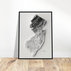 Mapa de elevação de Nova Jersey, impressão topográfica de arte de parede, arte cartográfica, decoração vintage para casa e escritório, presente de exploradores