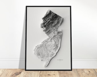 May include: A black and white topographic map of the state of New Jersey, printed on a white background and framed in a black frame.