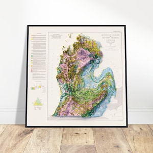 Süd-Michigan Quaternär Geologie Karte, CA Wand Kunst Druck, Topographische Karte, Geologie Geschenk, Vintage Dekor, Kalifornien Poster Relief