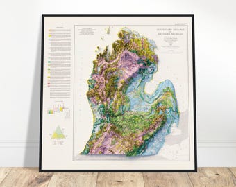 May include: A vintage map of the Quaternary Geology of Southern Michigan. The map is printed in black and white with colored overlays showing different geological formations. The map is framed in a black frame.