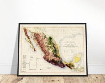 Mexico Geology Map – Vintage Topographic Relief Print for Home and Office, Geology Gift