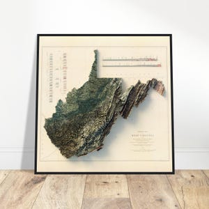 Mapa geológico de Virginia Occidental: relieve topográfico detallado, arte mural para el hogar y la oficina, regalo para amantes de la aventura y la geología