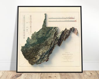 Geologisk karta över West Virginia - Detaljerad topografisk relief, väggkonst för hem och kontor, present till geologiälskare