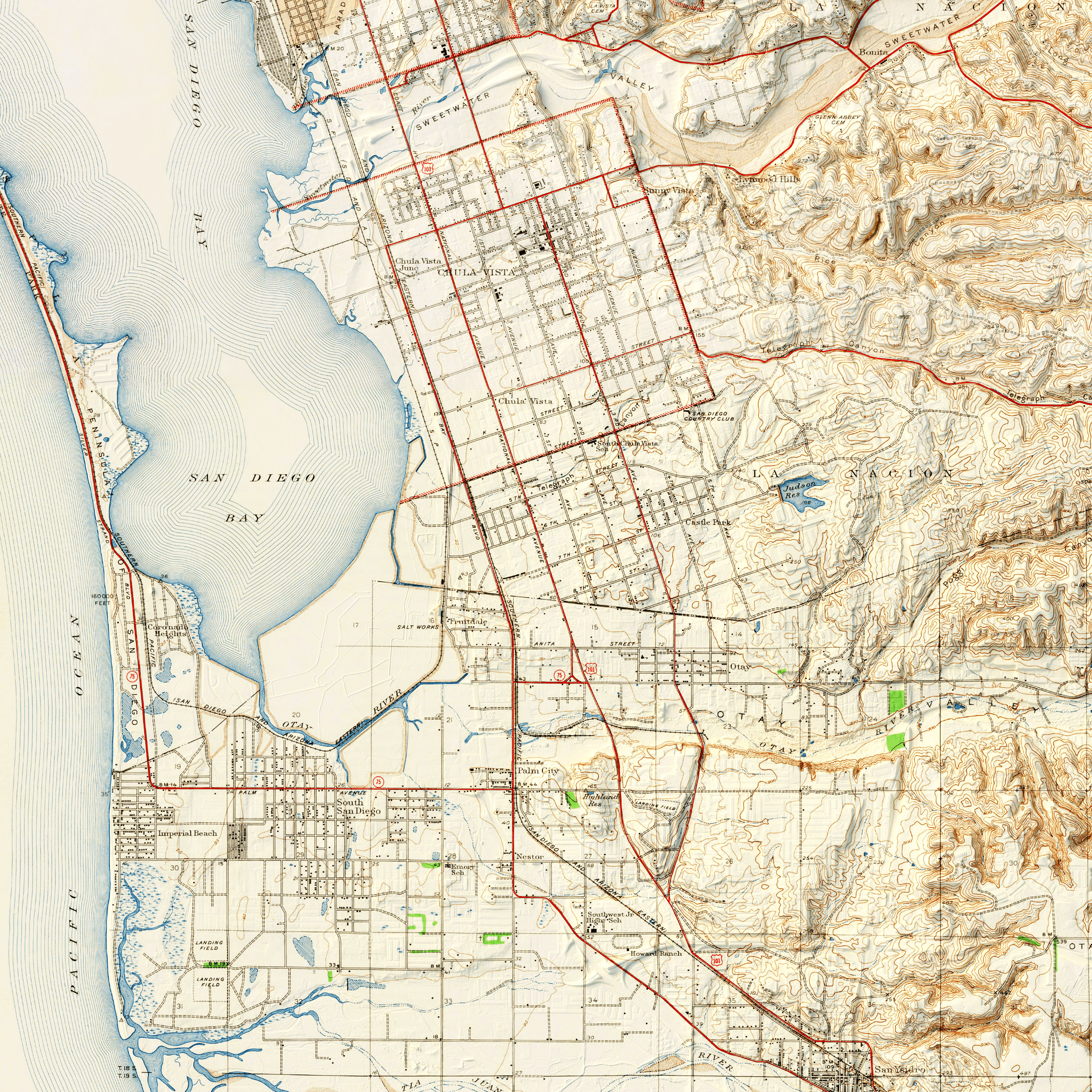San Diego California Map – Vintage Topographic Relief Print, Coastal