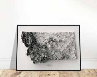 May include: A black and white topographic map print of the state of Montana in a black frame. The map shows the elevation of the state with darker shades representing higher elevations.