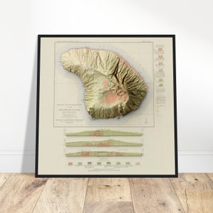 Carte géologique et topographique vintage en relief de Lanai, Hawaii - Édition collector, décoration d'intérieur et idée cadeau unique