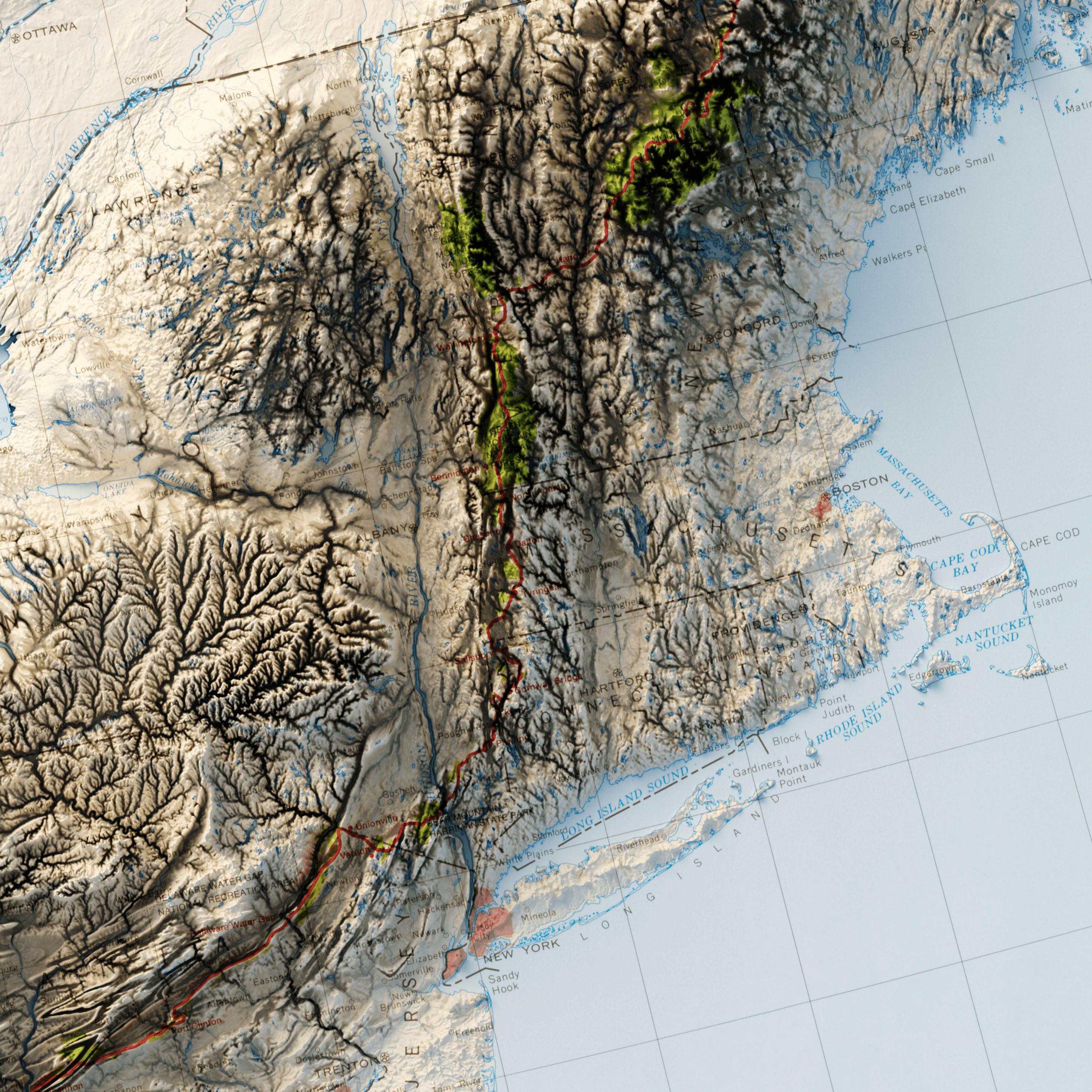 Appalachian Trail Elevation Map, Topographic Relief Print, Shaded