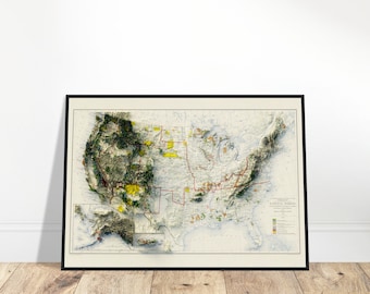 United States National Forests and Parks Map - Vintage Topographic Relief Print, Wall Art for Adventure Lovers