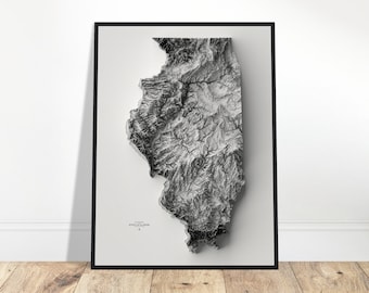 May include: A black and white 3D topographic map of the state of Illinois, framed in a black frame. The map is printed on white paper and has a subtle shadow effect.