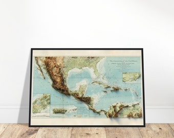Caribbean and Central America Topography Map, Detailed Relief, Wall Decor for Adventurers, Gift for Travel Enthusiasts