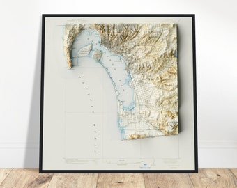 San Diego Karte - Topographischer Reliefdruck, Küstenansicht Kartenkunst, Vintage Kunstwerk für Zuhause und das Büro