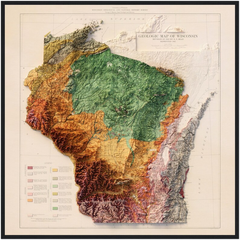 Wisconsin Topological Map Wisconsin Geology Map – Topographic Relief Map Art, Vintage Cartography ...