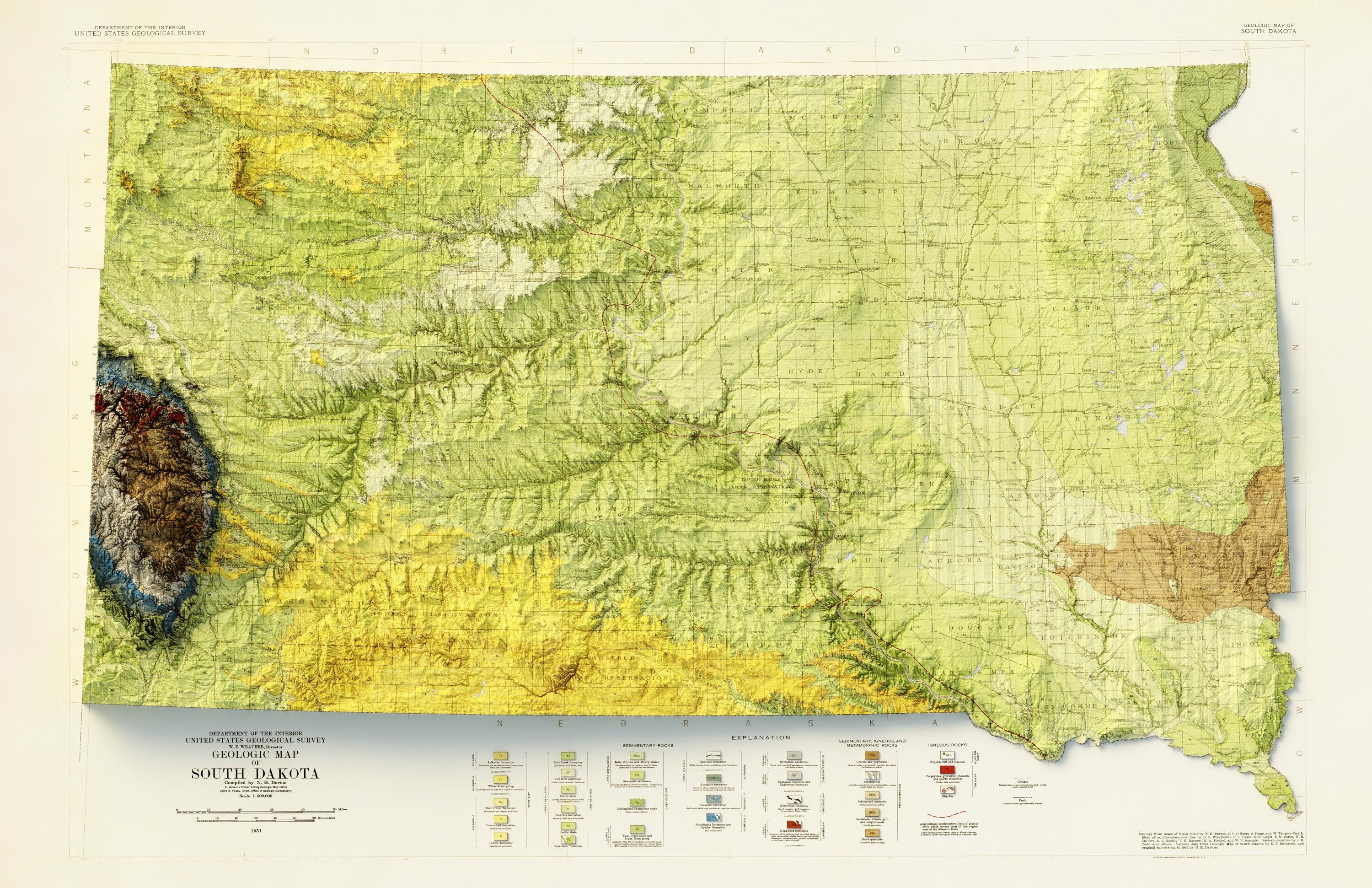 South Dakota Geology Map – Topographic Relief Map Art, Vintage ...