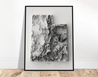 Höjdkarta över Utah - Minimalistisk svartvit topografisk väggkonst, modern kartografi, skuggad reliefposter