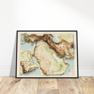 Mapa topográfico do Oriente Médio, pôster 2D renderizado em 3D, decoração exclusiva para casa, presente perfeito para exploradores e fãs de história