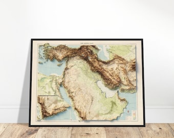 Middle East Topography Map – Vintage Shaded Relief Print, Regional Elevation Cartography, Historical Wall Art Poster