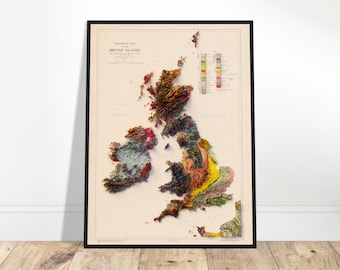 United Kingdom and Ireland Geological Map – Vintage Relief Print, Topographic Wall Art, Geology Gift