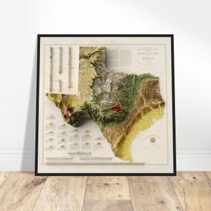 Mapa de Geologia do Texas - Pôster de Arte de Parede com Relevo Topográfico, Decoração de Casa Única para Exploradores, Presente para Fãs de História. Explore as Formas de Relevo do Texas