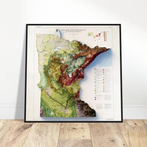 Carte géologique du Minnesota, impression d'art mural, carte topographique, cadeau géologie, décoration vintage, impression en relief d'affiche
