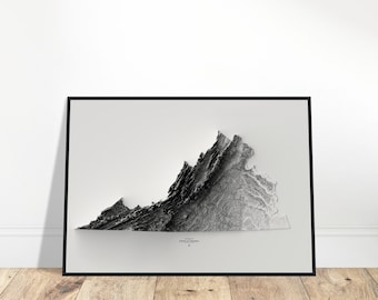 Virginia Elevation Map - Minimalist Black and White Topographic Wall Art, Modern Cartography Print, Shaded Relief Poster