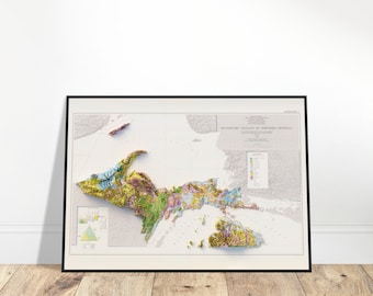 May include: A topographic map of Northern Michigan, showing the elevation and terrain of the region. The map is printed in a variety of colors, including green, brown, and blue, to represent different types of terrain. The map is framed in a black frame.