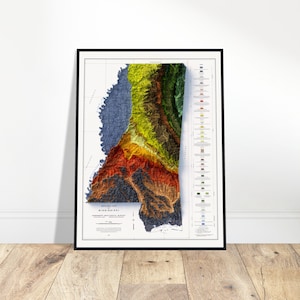 Carte du Mississippi, relief de géologie et de topographie, impression topographique d'art mural, cadeau de géologie, décoration vintage
