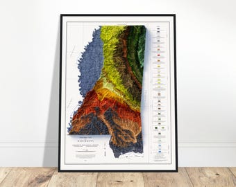 Könnte beinhalten: Eine geologische Karte von Mississippi, die die Topographie des Bundesstaates in einem 3D-Relief-Stil zeigt. Die Karte ist auf weißem Papier gedruckt und in einem schwarzen Rahmen gerahmt. Die Karte trägt den Titel "Geological Map of Mississippi, Mississippi Geological Survey".