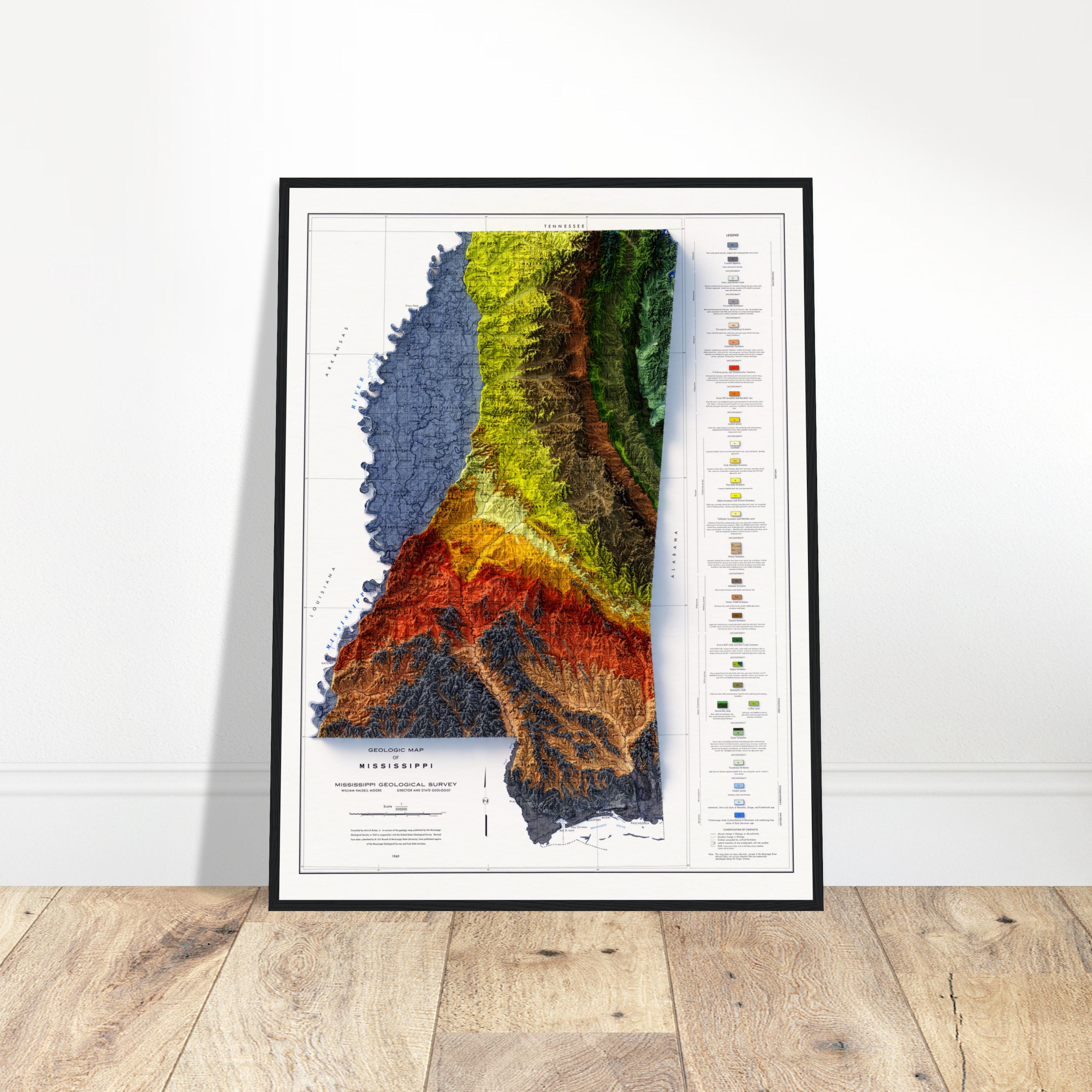 Mississippi Geology Map – Topographic Relief Map Art, Vintage