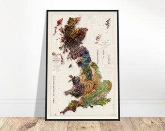 Geological Map of Great Britain - Vintage Topographic Relief Print, Geological Wall Art, Home Decor