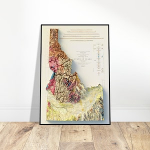 Carte topographique en relief de l'Idaho Geology - Décoration murale pour les amateurs d'aventure - Cadeau pour les amateurs de géologie et d'histoire