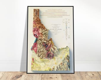 May include: A vintage-style geological map of the state of Idaho, showing the different rock formations and geological features. The map is printed in a variety of colors, including red, yellow, green, and blue. The map is framed in a black frame.