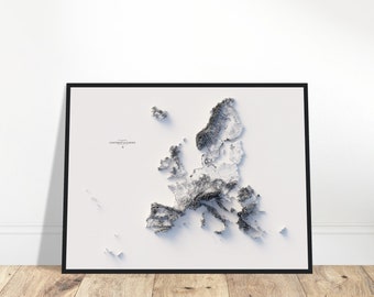 Hoogtekaart Europa – Minimalistische zwart-wit topografische muurkunst, moderne cartografie, poster gearceerde reliëf