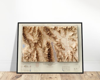 Death Valley California Map, Wall Art Relief Print, Elevation Detail, Vintage Décor for Home & Office , Topography Art