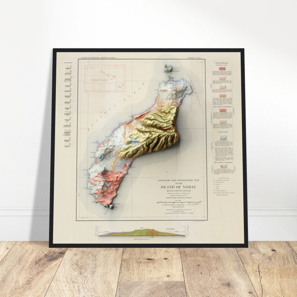 Niihau Hawaii Geology & Topographic Relief Map - Unique Island Details, History Enthusiast Gift, Decorative Art