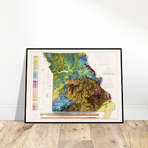 Géologie du Missouri et carte topographique en relief - art vintage, contours uniques de l'île, cadeau explorateur historien, décoration d'intérieur