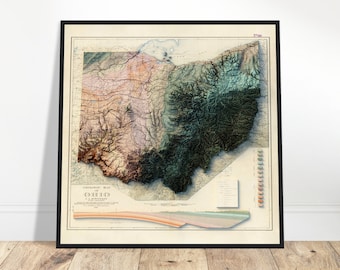May include: A vintage relief map of Ohio, showing the state's topography with different colors and textures. The map is framed in black and has a title that reads "Relief Map of Ohio".