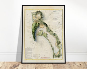 San Diego Bay Topographie Karte - Vintage Relief Druck, Küsten Kartographie Kunst, Historische Meerestiefe Karte Poster