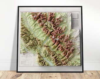 Glacier National Park Map - Wall Art Print, Elevation Detail, Vintage Décor, Topography Art, Poster Print, Relief Map