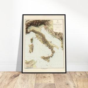 Mapa topográfico de Italia: póster con ilustraciones, elevación y puntos de referencia detallados, decoración perfecta para el hogar o regalo para exploradores