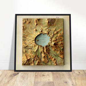 Crater Lake Oregon Karte Wand Kunst Druck, Topographisches Detail, Kartographie Kunst, Vintage Dekor, Poster Relief