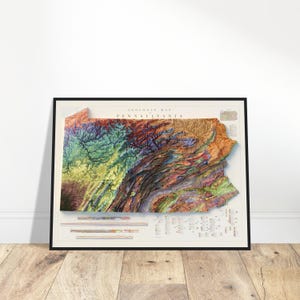 Carte en relief géologique de Pennsylvanie, impression topographique d'art mural, cadeau géologie, art de la cartographie, décoration vintage pour la maison et le bureau