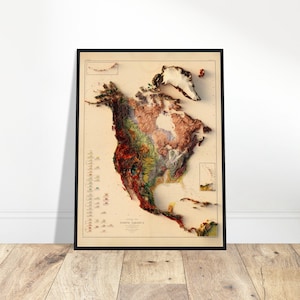Carte géologique de l'Amérique du Nord - Impression en relief topographique, art mural, cadeau de décoration d'intérieur unique pour les explorateurs et les passionnés d'histoire
